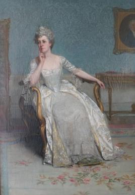 Lily in formal dress and powdered wig 